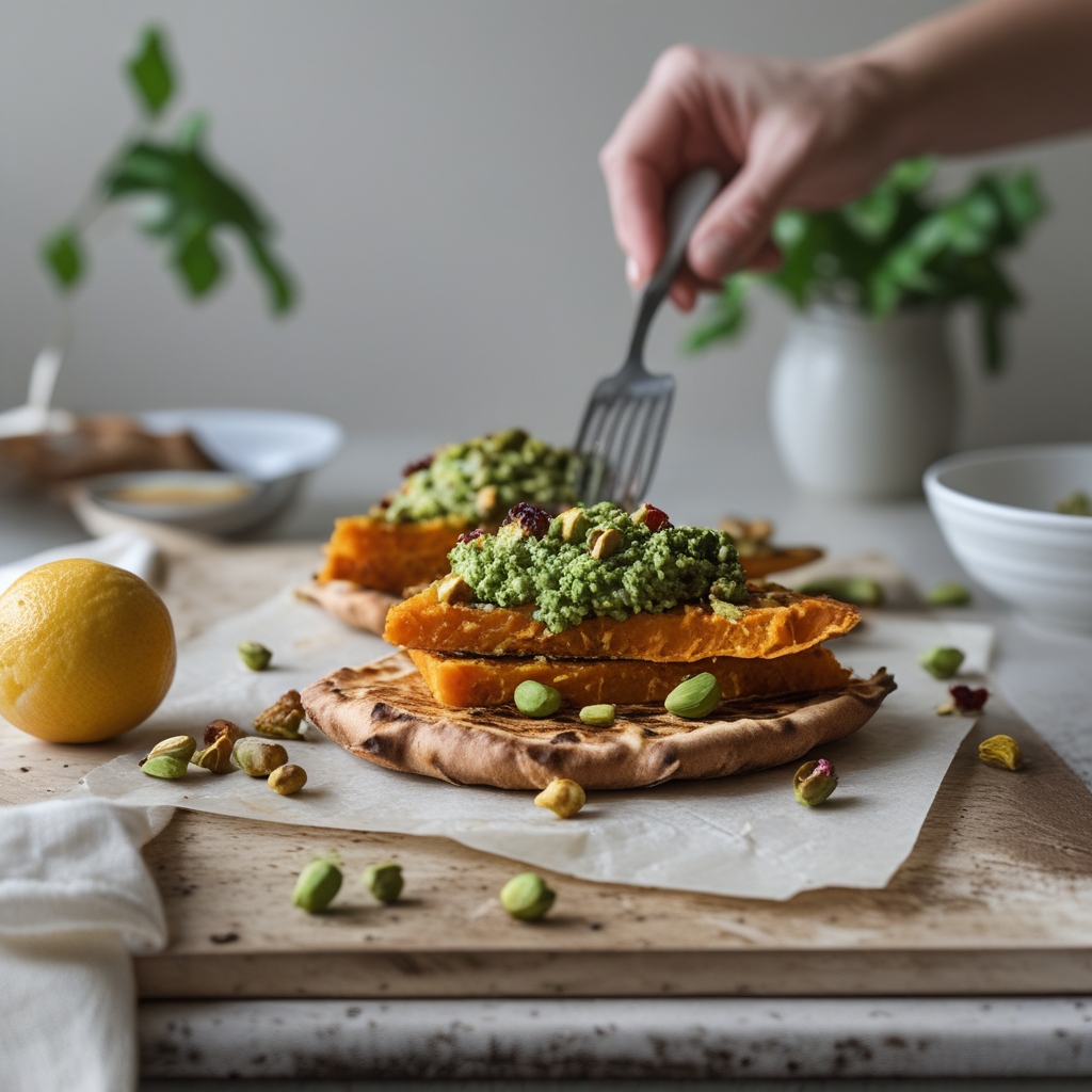 Golden Sweet Potato Flatbread with Zesty Pistachio Pesto & Sundried Chickpeas