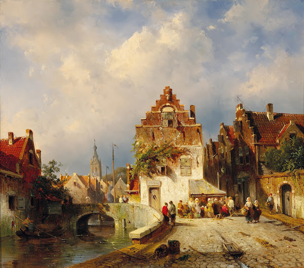 A Village Scene with a Bridge 1855
