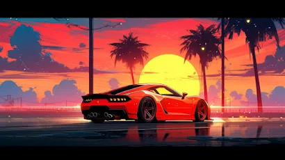 Ai Art, Sports Car, Sunset, Palm Trees, 1980S 2K Wallpaper Background