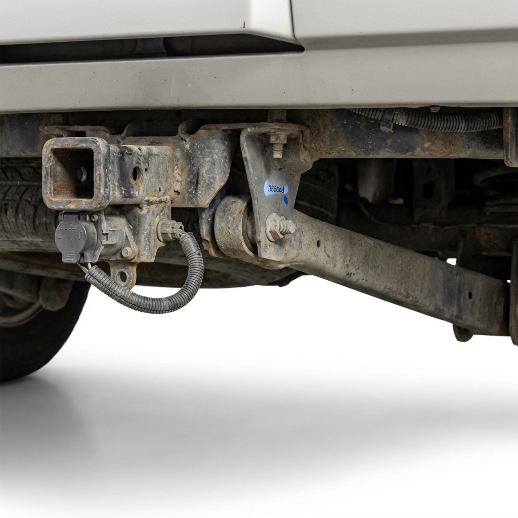 Close up of rear hitch and suspension of a used Chevrolet Tahoe for sale showing tow receiver bolts welds trailer plug and underbody condition on white background
