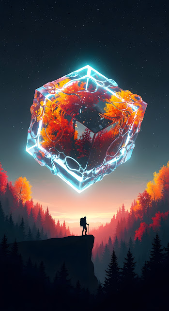 Surreal Sci-Fi Cube Over Vibrant Autumn Forest - Free mobile Wallpaper