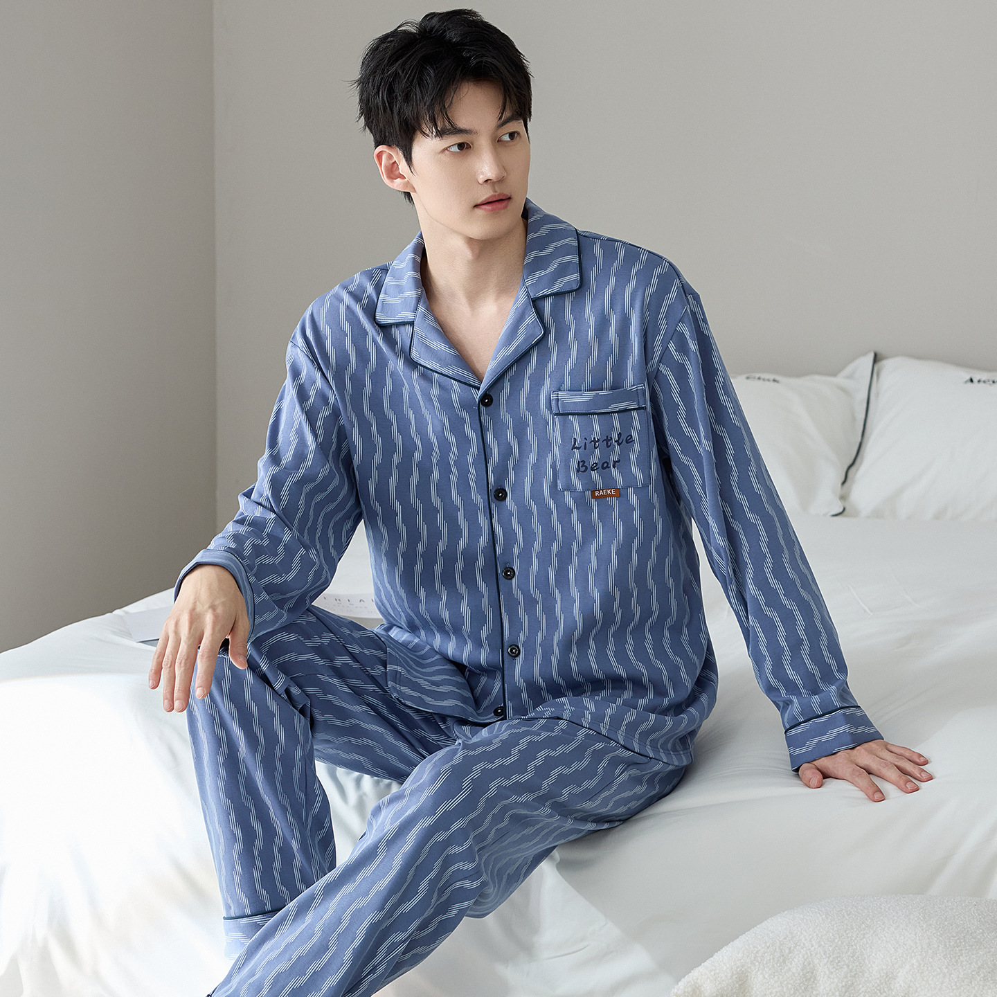 Herren-Pyjama-Set, Baumwolle, gestreift/kariert, Langarm