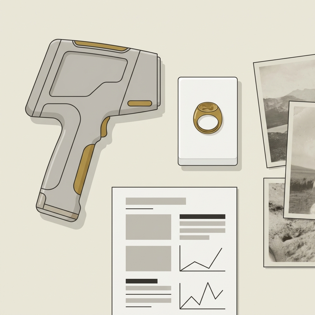 Top down minimalist 2D vector of a conservator desktop with a roman gold ring on a foam pad beside a portable XRF instrument photographs and a printed lab report on a beige background