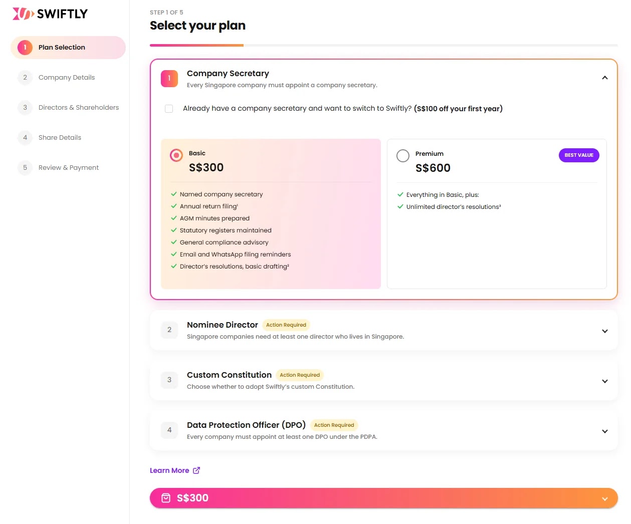 Swiftly Corporate Secretary Service - Plan Selection