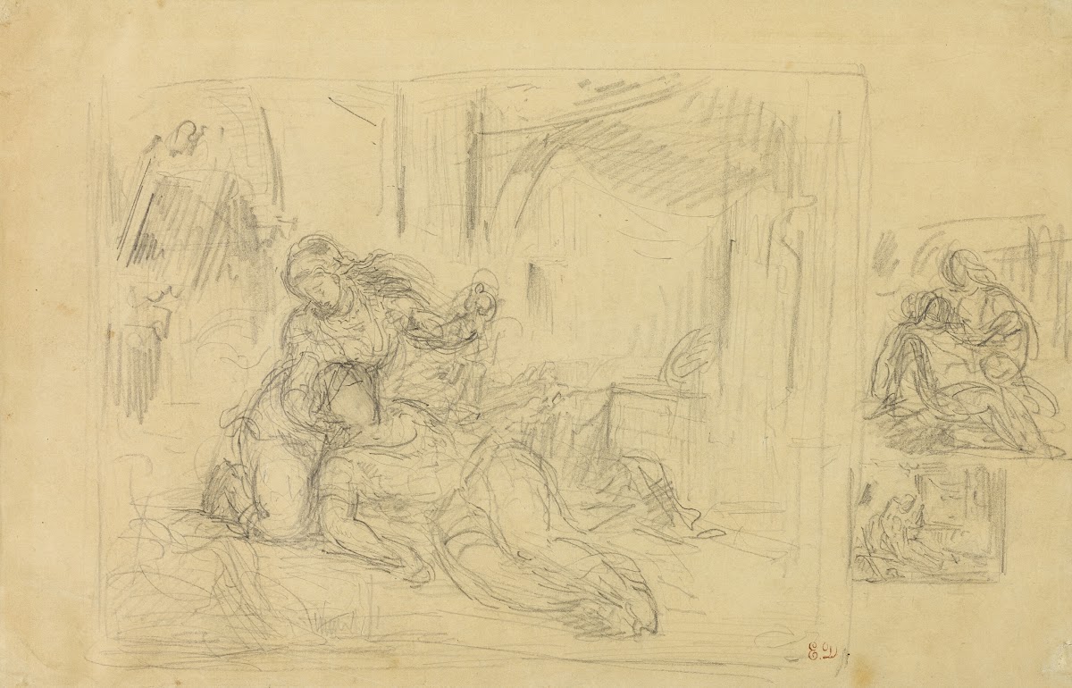 Woman Dying Man in Bedroom Two Sketches of Same