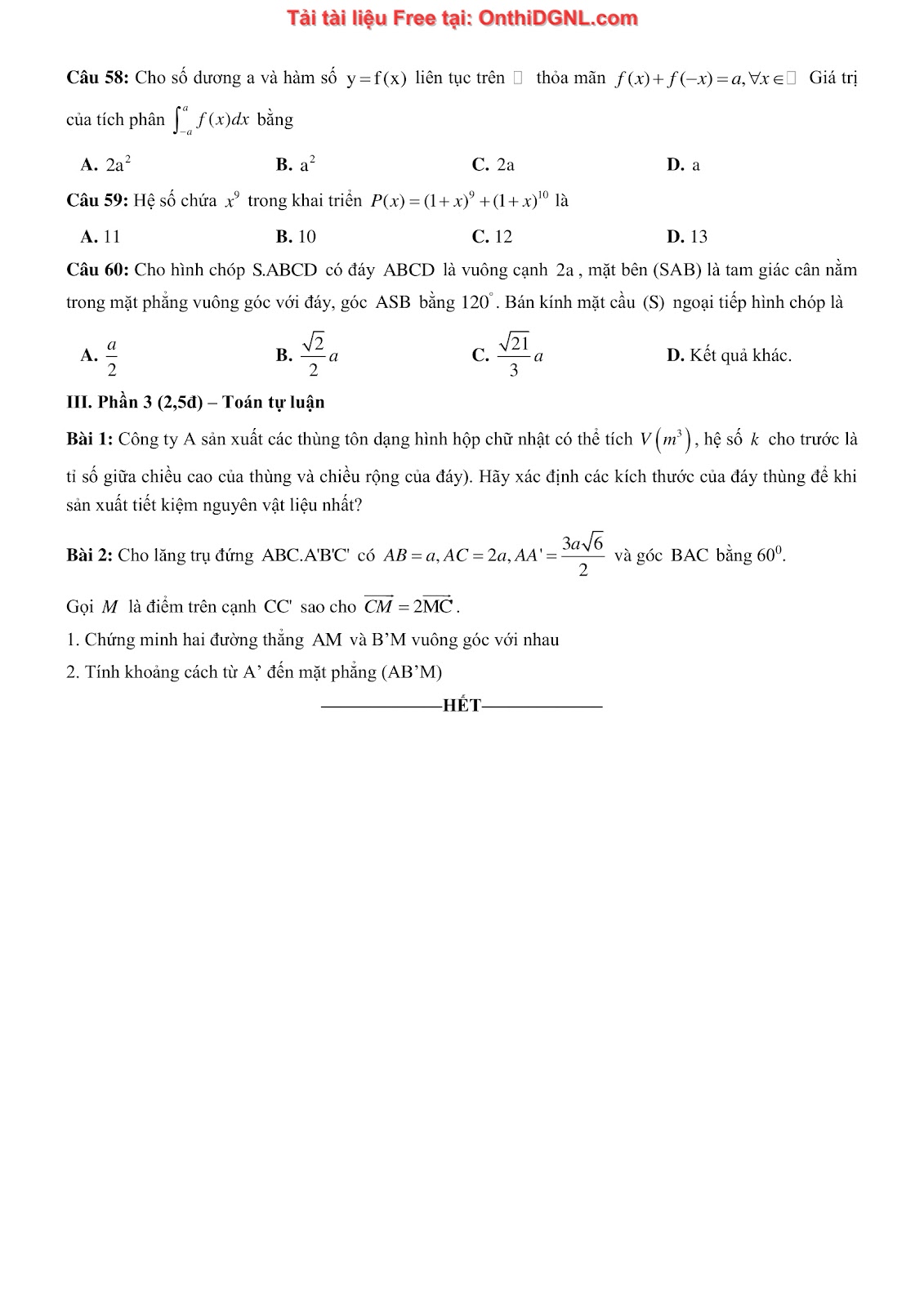 475 bài tập môn Toán - Ôn thi ĐGTD ĐH Bách Khoa Hà Nội Phần 13