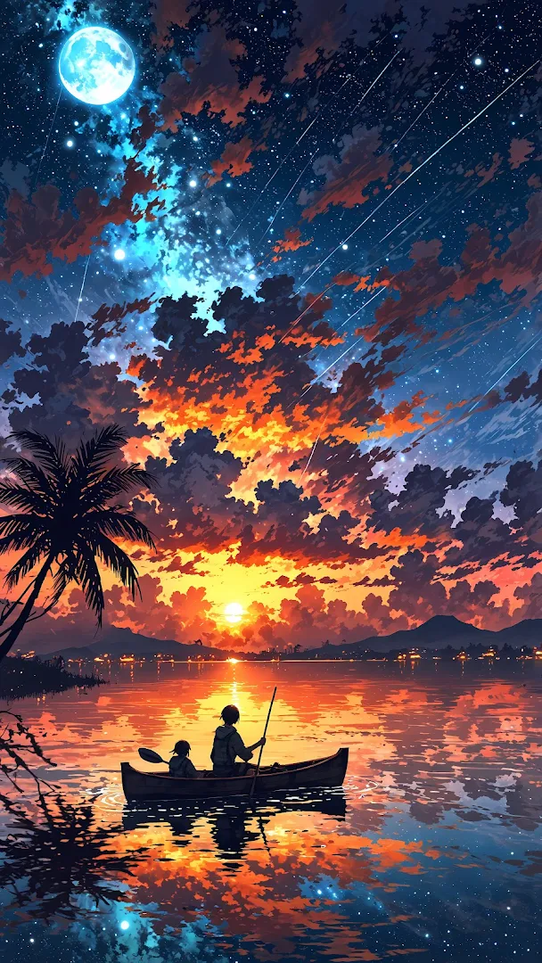 Tropical Kayaking Under Dramatic Sunset and Full Moon