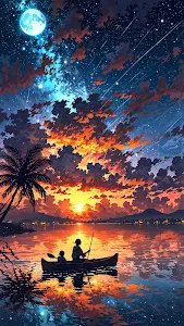 Tropical Kayaking Under Dramatic Sunset and Full Moon