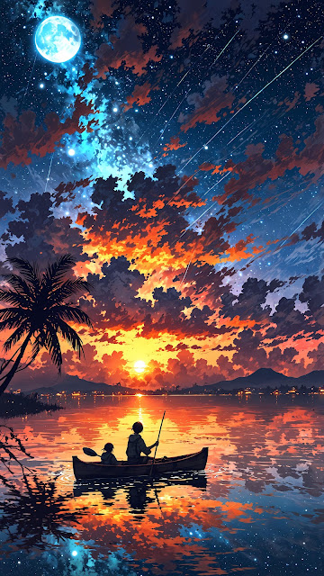 Tropical Kayaking Under Dramatic Sunset and Full Moon - Free mobile Wallpaper