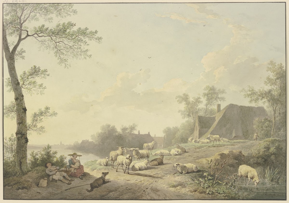 An einem Weg bei Bauernhäusern eine Schafherde 1803
