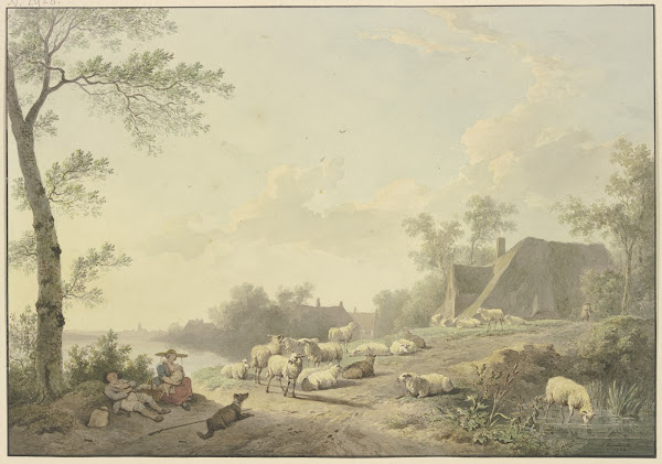 An einem Weg bei Bauernhäusern eine Schafherde 1803