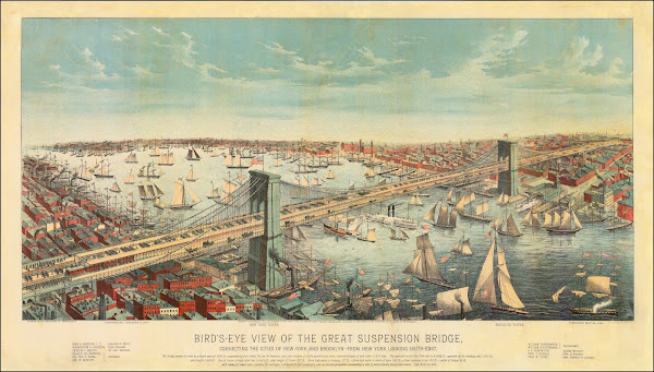 Birds Eye View of the Great Suspension Bridge Connecting The Cities of New York
