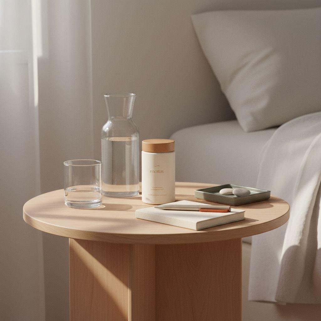 Motus supplement jar on a minimalist bedside table beside a glass carafe and notebook in soft morning light, promoting over the counter orlistat in a calm health-focused scene.