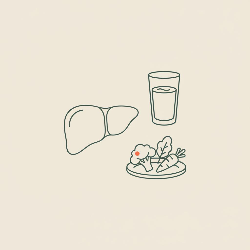 Minimal Tonum-style vector line illustration of a liver with a water glass and vegetable plate on beige background, representing alcoholic fatty liver recovery time.