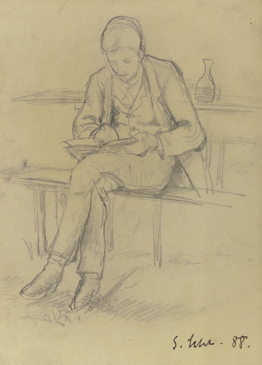 Schreibender junger Mann in einer Gartenwirtschaft 1888