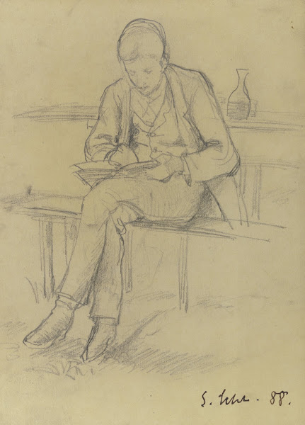 Schreibender junger Mann in einer Gartenwirtschaft 1888