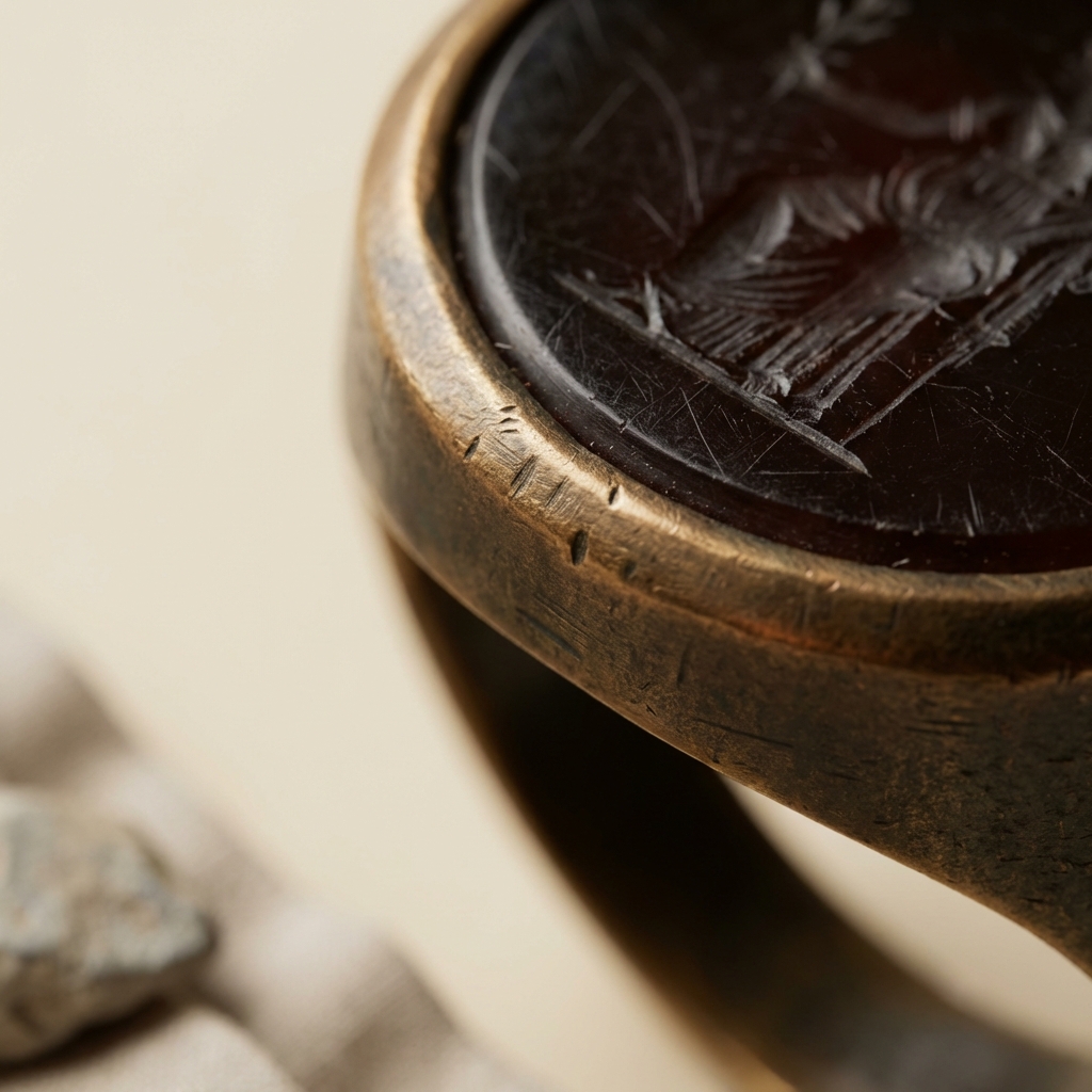 Macro full frame photograph of a Roman style bezel and carved intaglio gemstone showing tool marks wear and aged patina romanjewelry