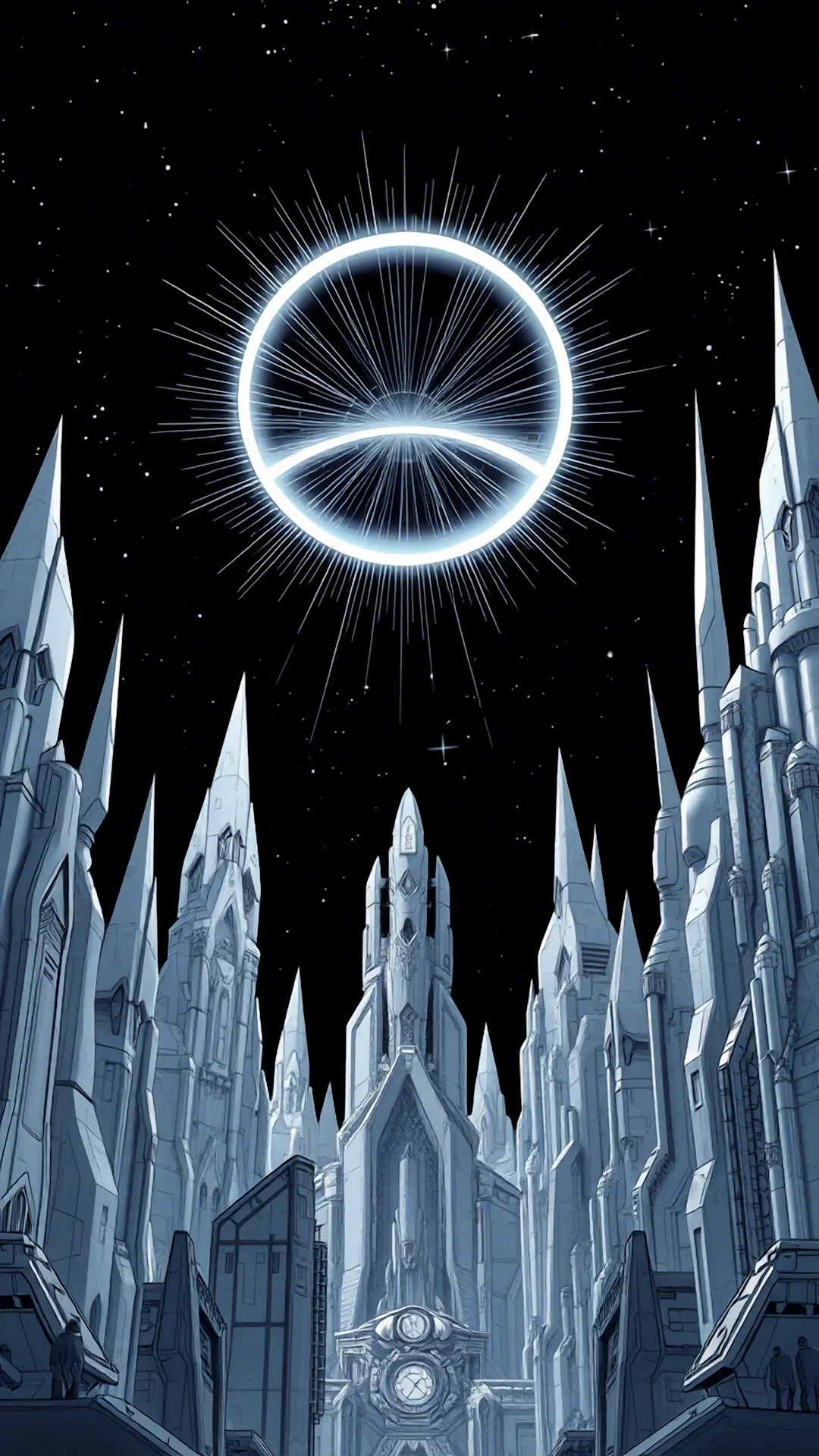 Futuristic Ice City Spires Under Celestial White Eclipse - Free 4K mobile Wallpaper