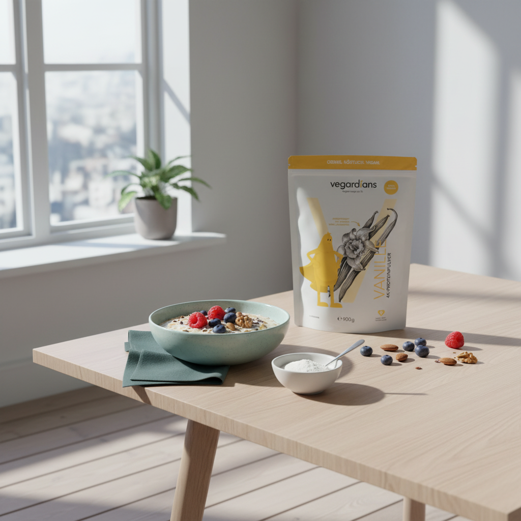 Minimalistische Frühstücksecke mit Overnight Oats, Vegardians-Produkt in Schale, Nüsse und Beeren im skandinavischen Setting – Haferflocken gegen Bauchfett