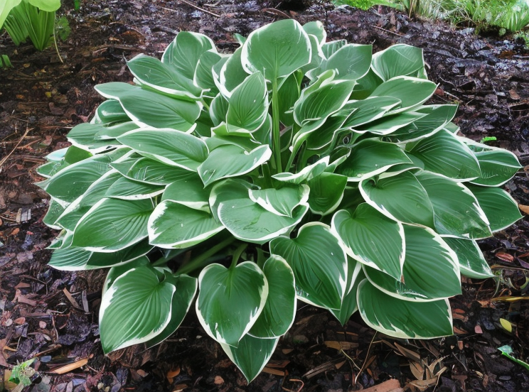 Hosta Francee con fogliame variegato bianco e verde in un giardino ombroso
