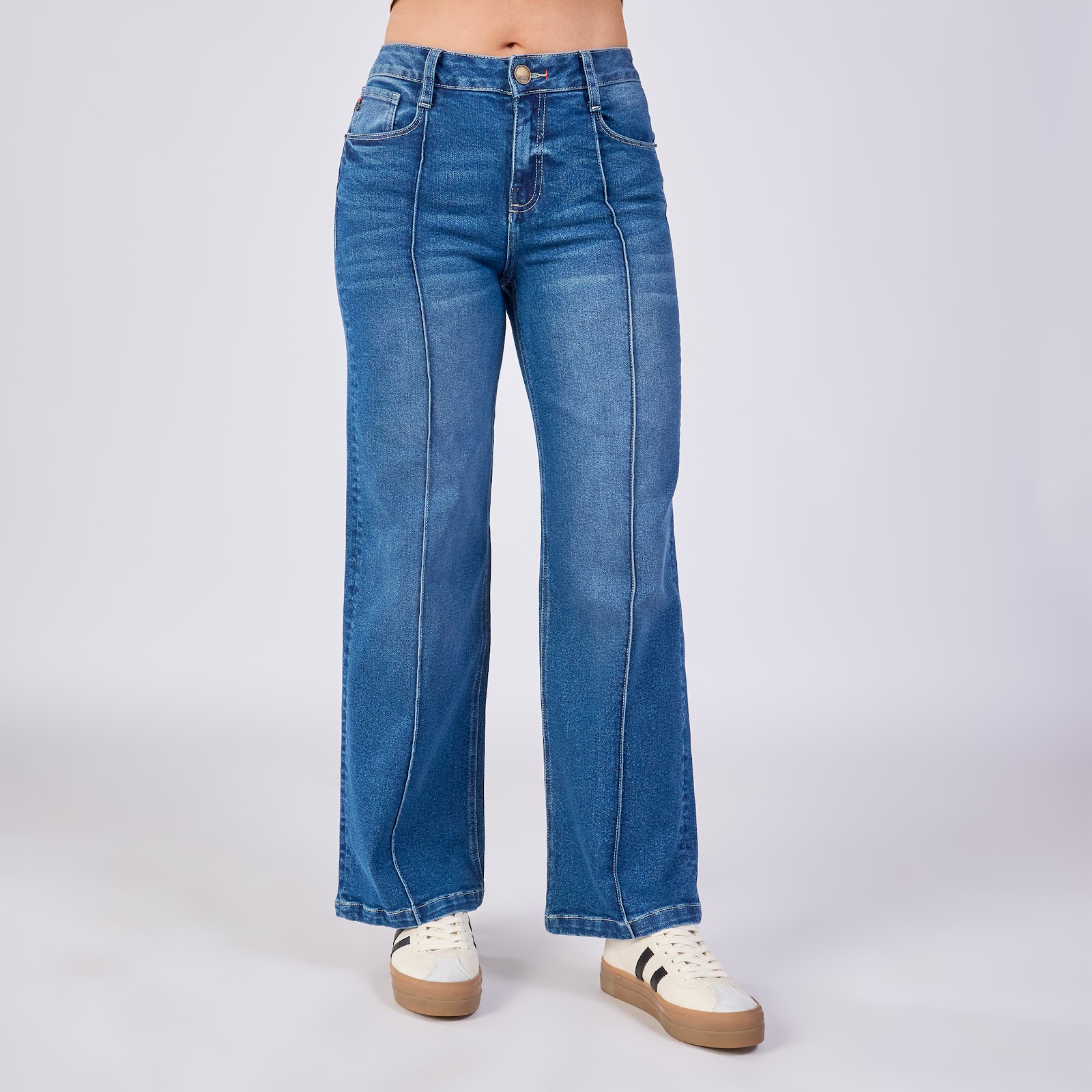 Jean wide leg licrado tiro medio, color azul medio 100% algodón - Vista 2