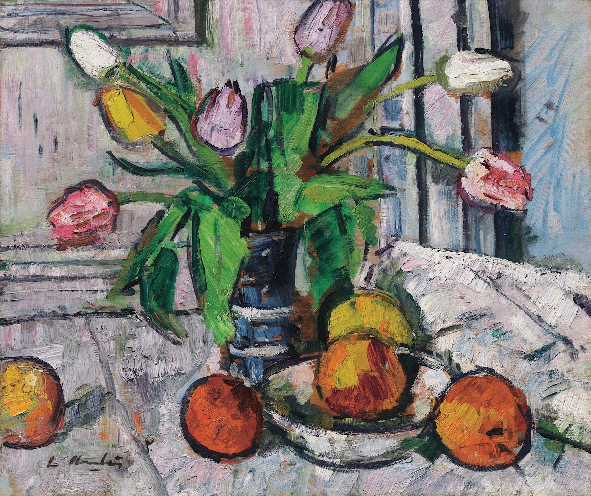 Tulips in a blue vase