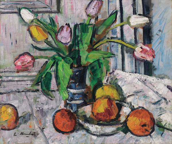 Tulips in a blue vase