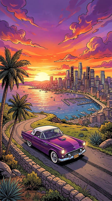 Illustration of a Purple Classic Car Overlooking a Sunset City Skyline - Free mobile Wallpaper