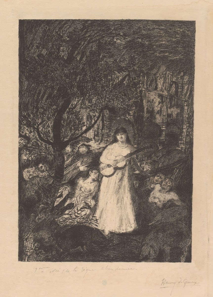 Vrouw met gitaar in een bos met figuren 1877   c 1894