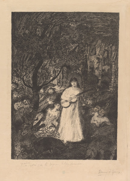 Vrouw met gitaar in een bos met figuren 1877   c 1894