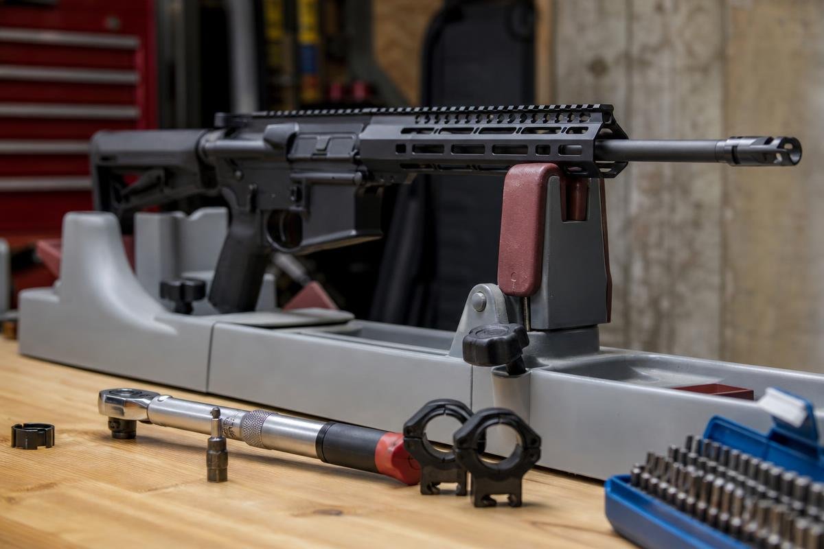 step-by-step how to mount scope on AR-15 with tools on workbench