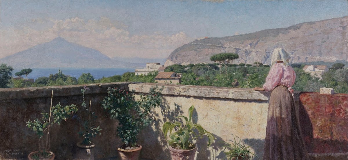 Femme sur la terrasse de lhôtel Cocumella Vue sur le Vésuve 1897