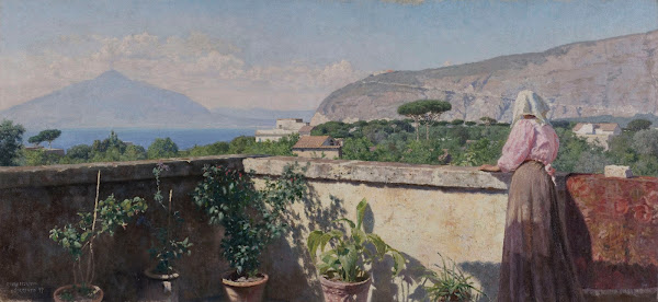 Femme sur la terrasse de lhôtel Cocumella Vue sur le Vésuve 1897