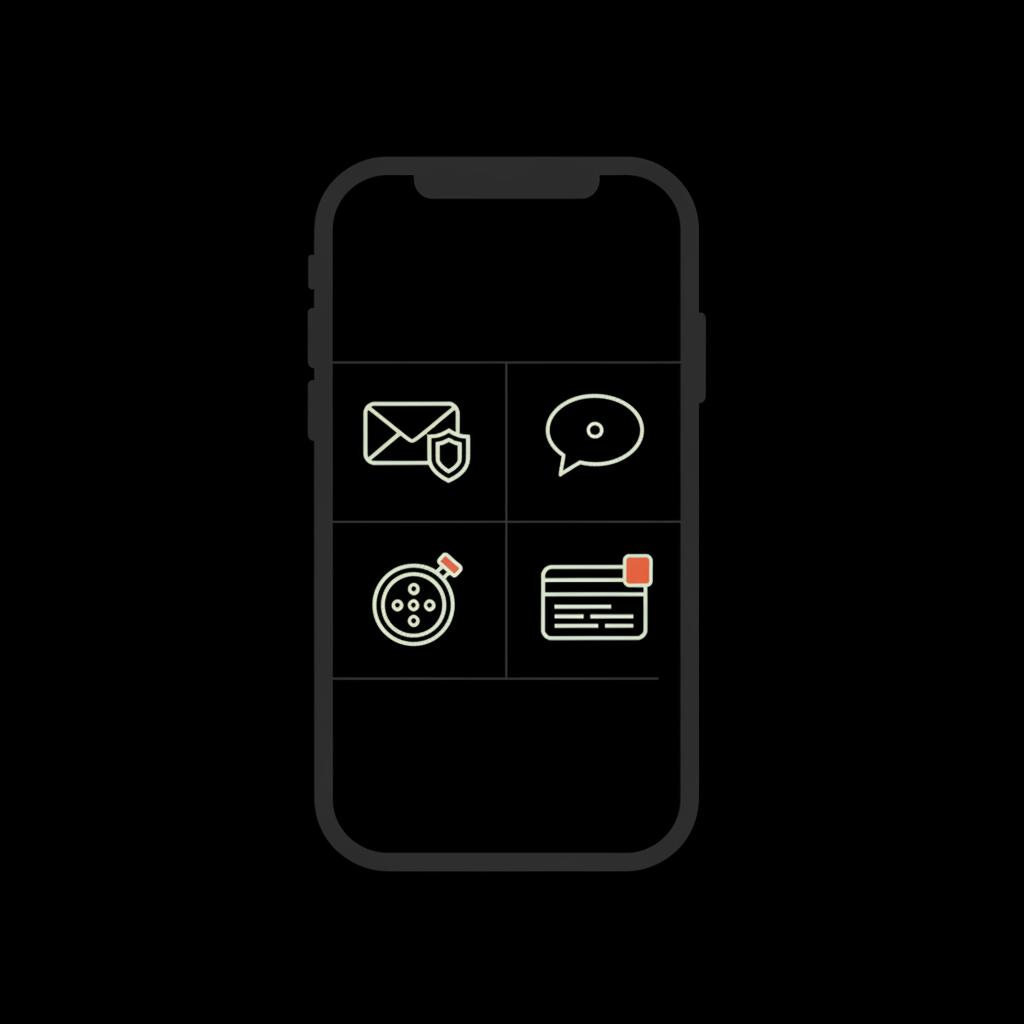 Minimal vector iPhone screen infographic showing recovery email, SMS message, authenticator token, and backup codes — reset gmail password on iphone