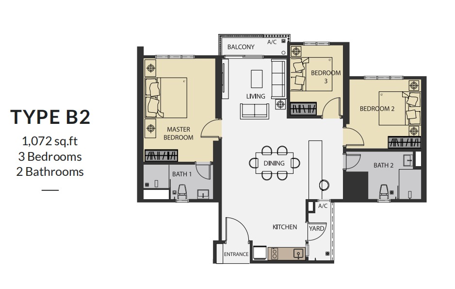 Aster Hill Sri Petaling Type B2 floor plan — 1044 sq ft, 3 bedrooms