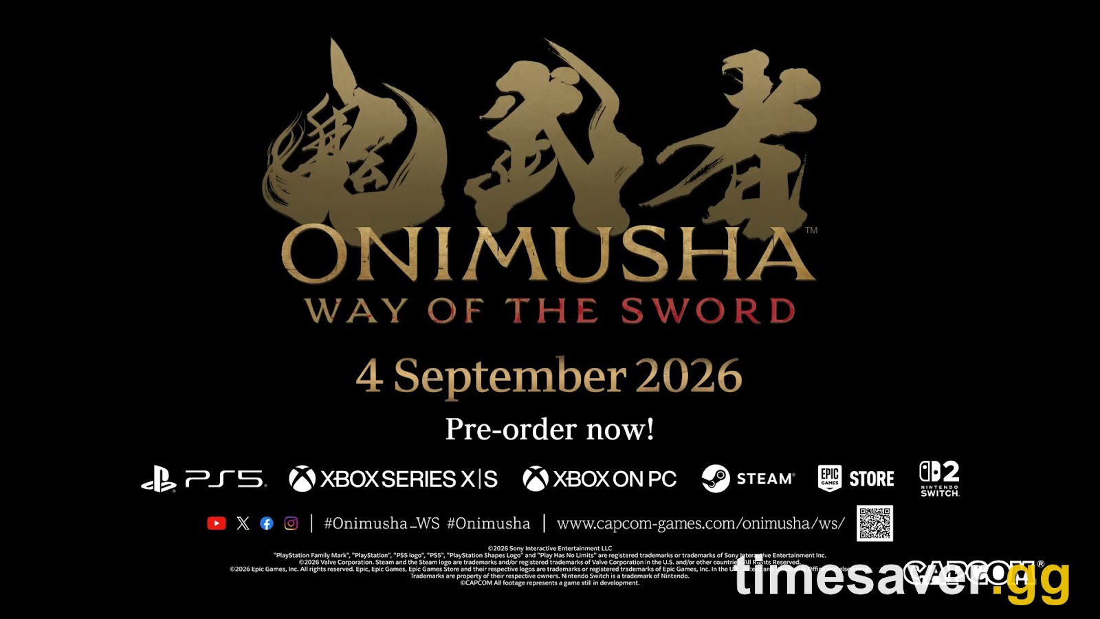 The official Onimusha: Way of the Sword title card confirming the September 4, 2026 launch on PS5, Xbox Series X/S, PC and Switch 2