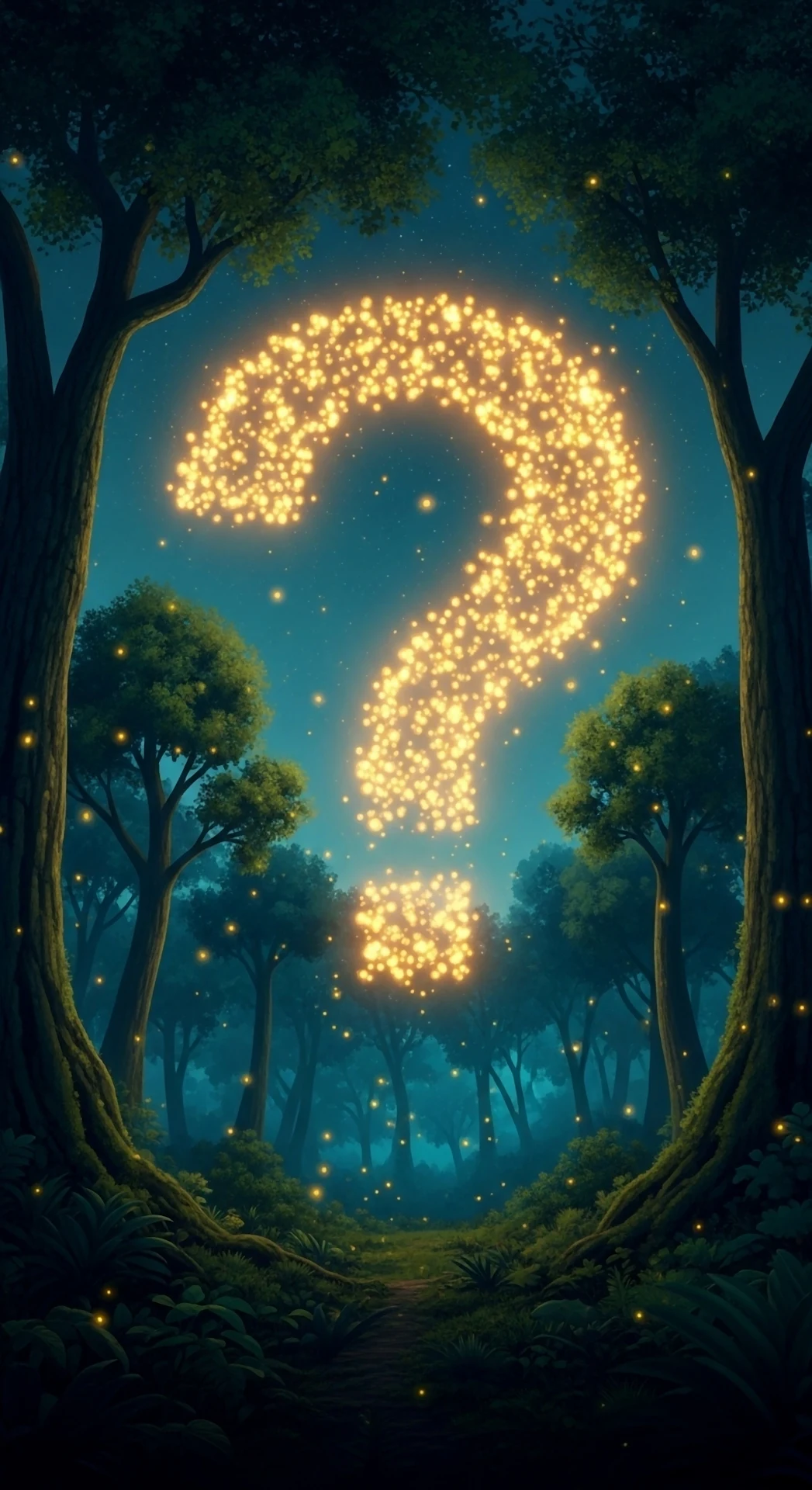 Glowing Question Mark in Magical Firefly Forest - Free 4K mobile Wallpaper