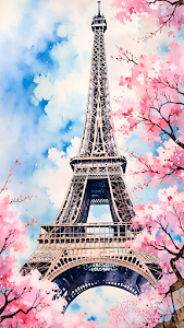 Eiffel Tower Watercolor Pink Cherry Blossom Paris Art