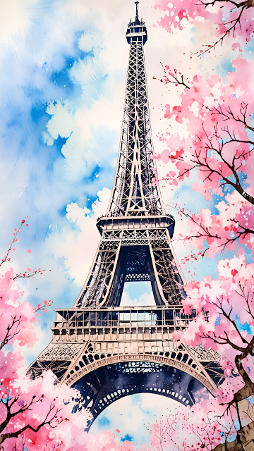 Eiffel Tower Watercolor Pink Cherry Blossom Paris Art - Free mobile Wallpaper