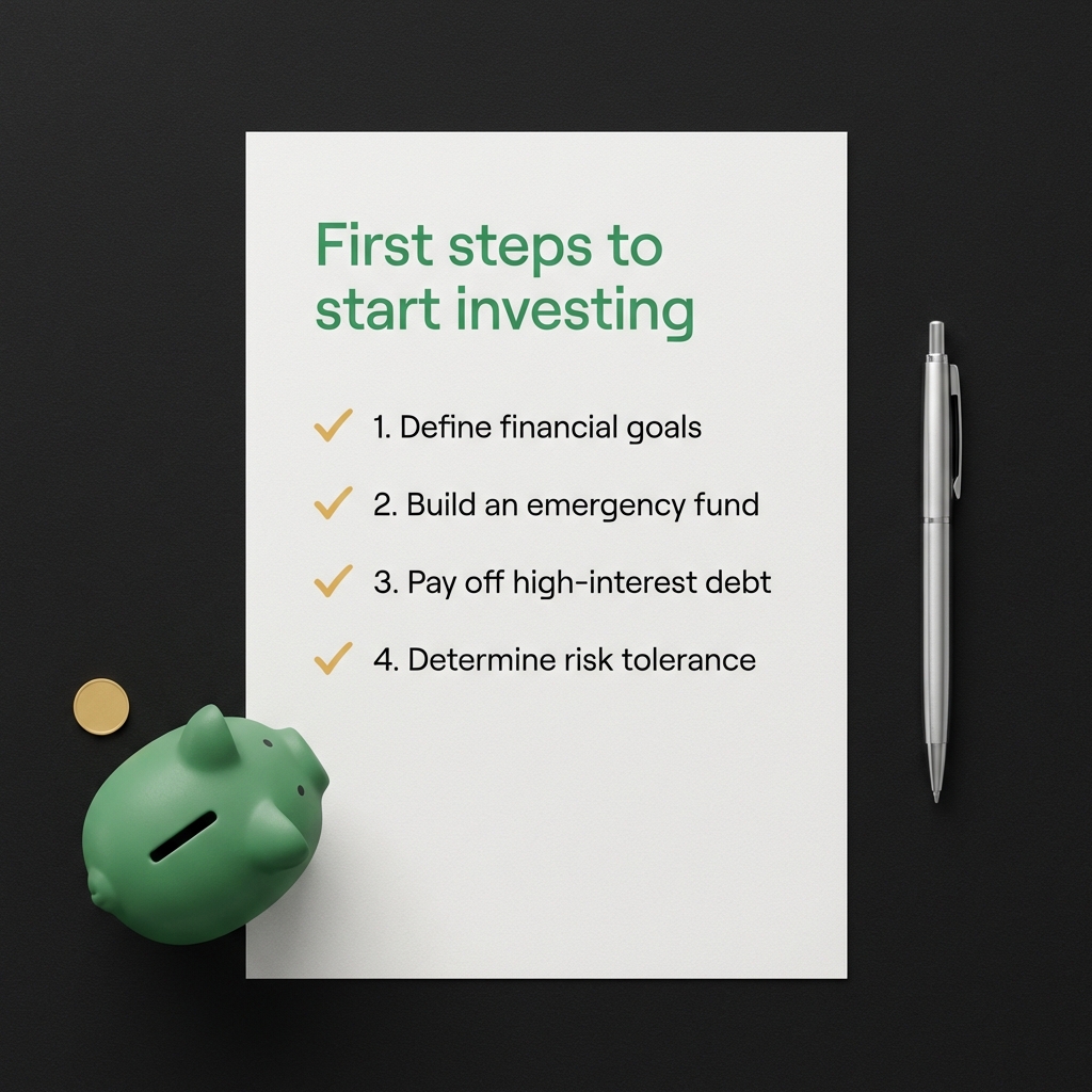 Close up minimalist checklist titled First steps to start investing with pen and piggy bank on dark background showing how to start investing as a teenager