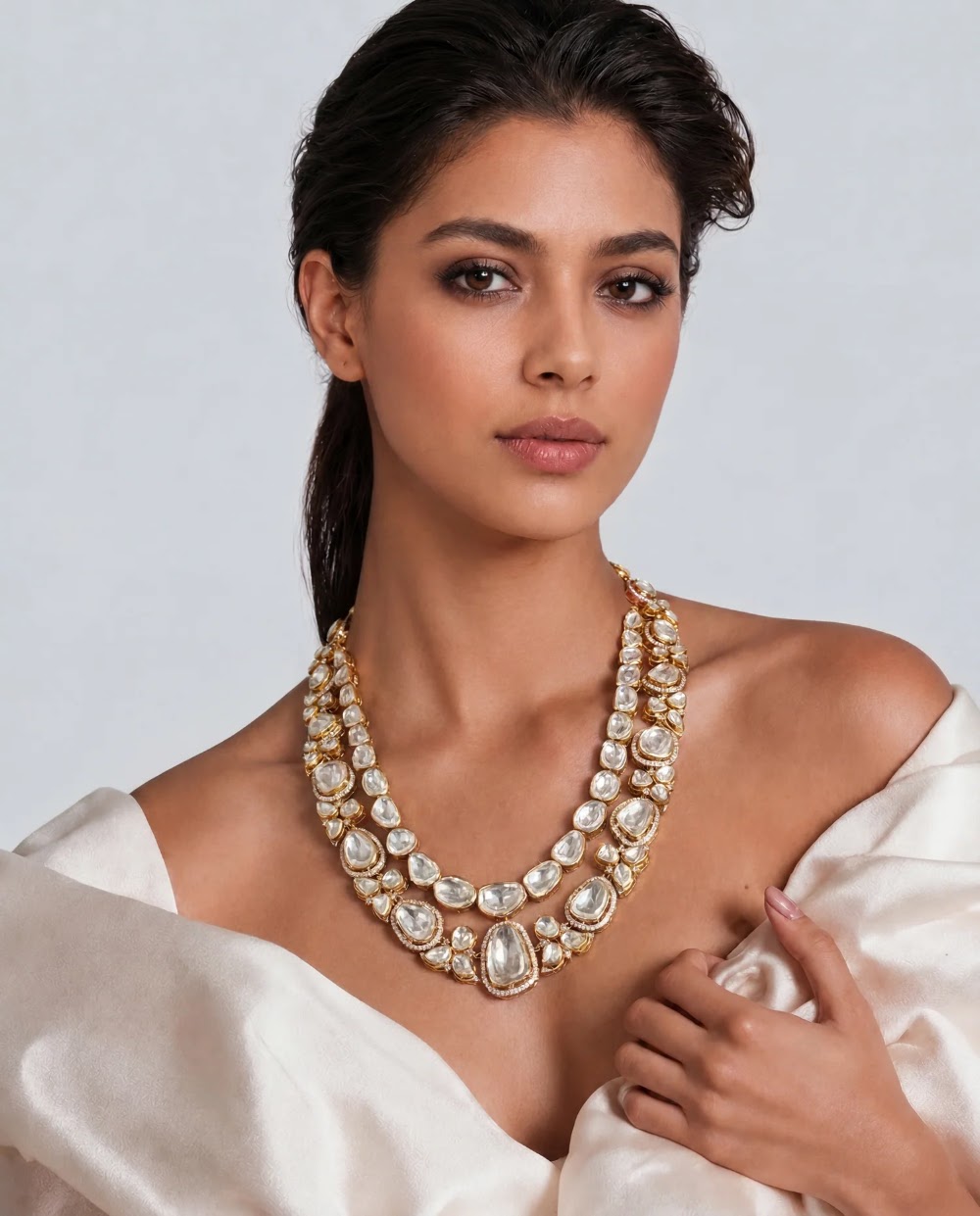 Model wearing the Rupali Polki and Diamond Necklace with an off-shoulder white dress from Tyaani