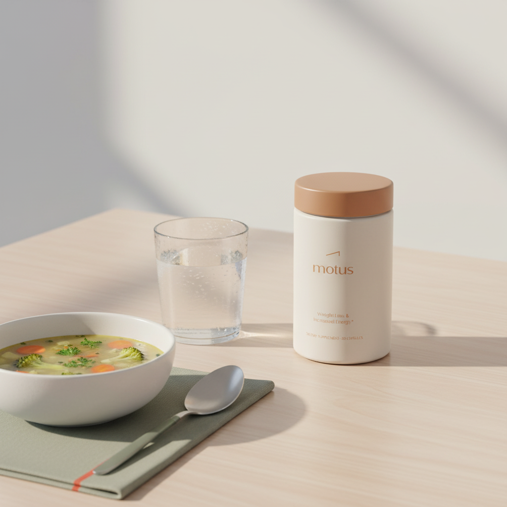 Motus supplement jar on wooden table with glass of water and bowl of vegetable soup, minimalist Tonum-style scene for a 5 day metabolic reset.