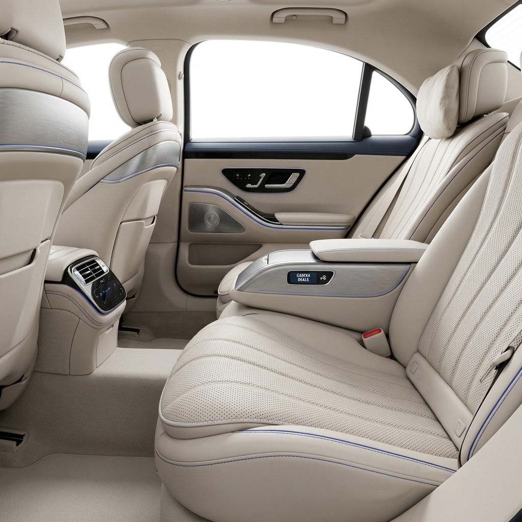 Close up studio photo of Mercedes S Class rear seat showing spacious legroom premium leather upholstery and CarFax Deals blue accents used mercedes for sale