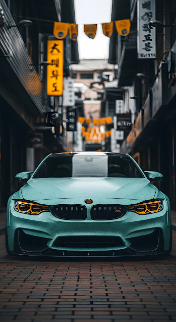 Mint Green BMW M4 Performance Car Urban Street Scene - Free mobile Wallpaper