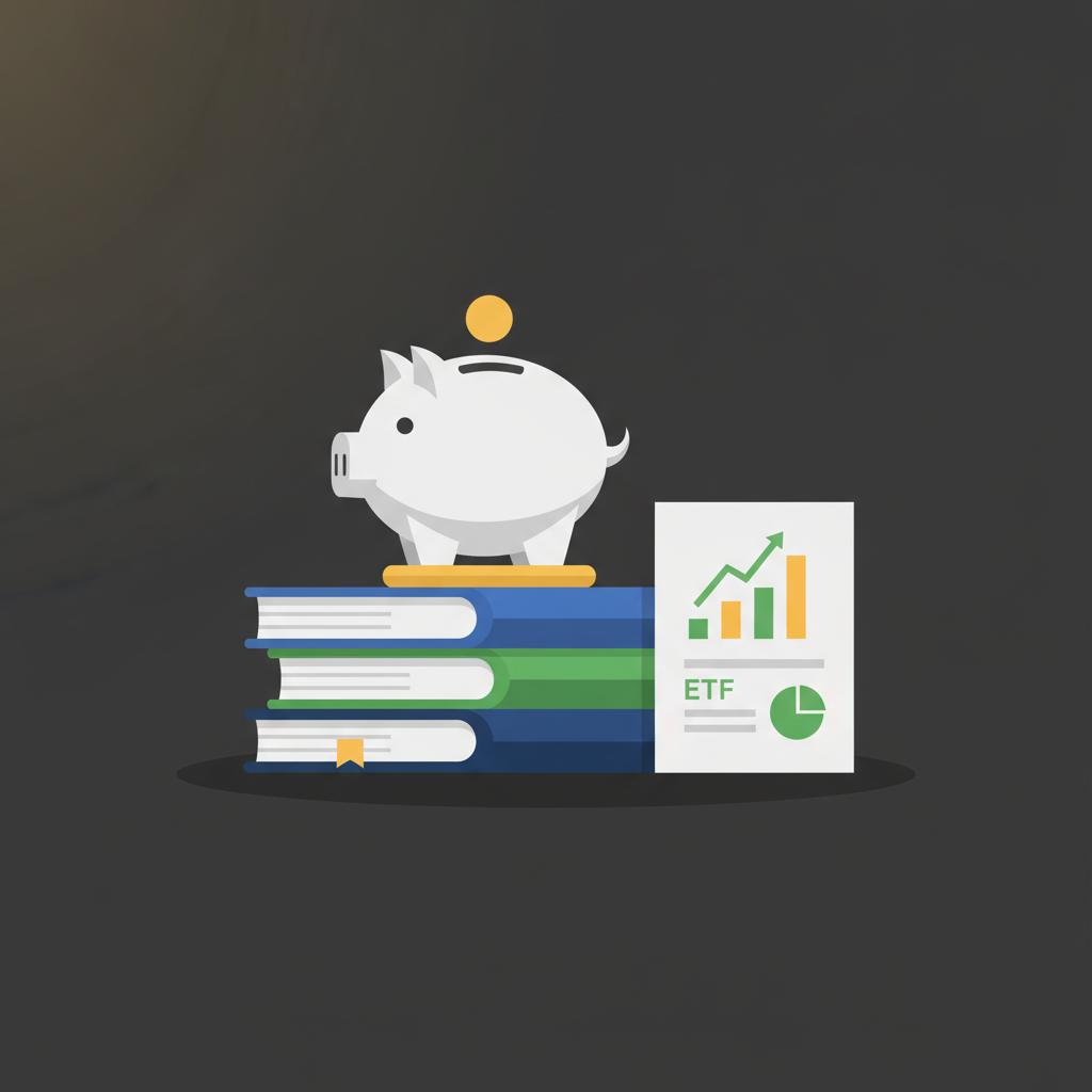 Minimalist 2D vector still life of stacked financial books piggy bank and simple ETF summary representing best beginner stocks on a dark background