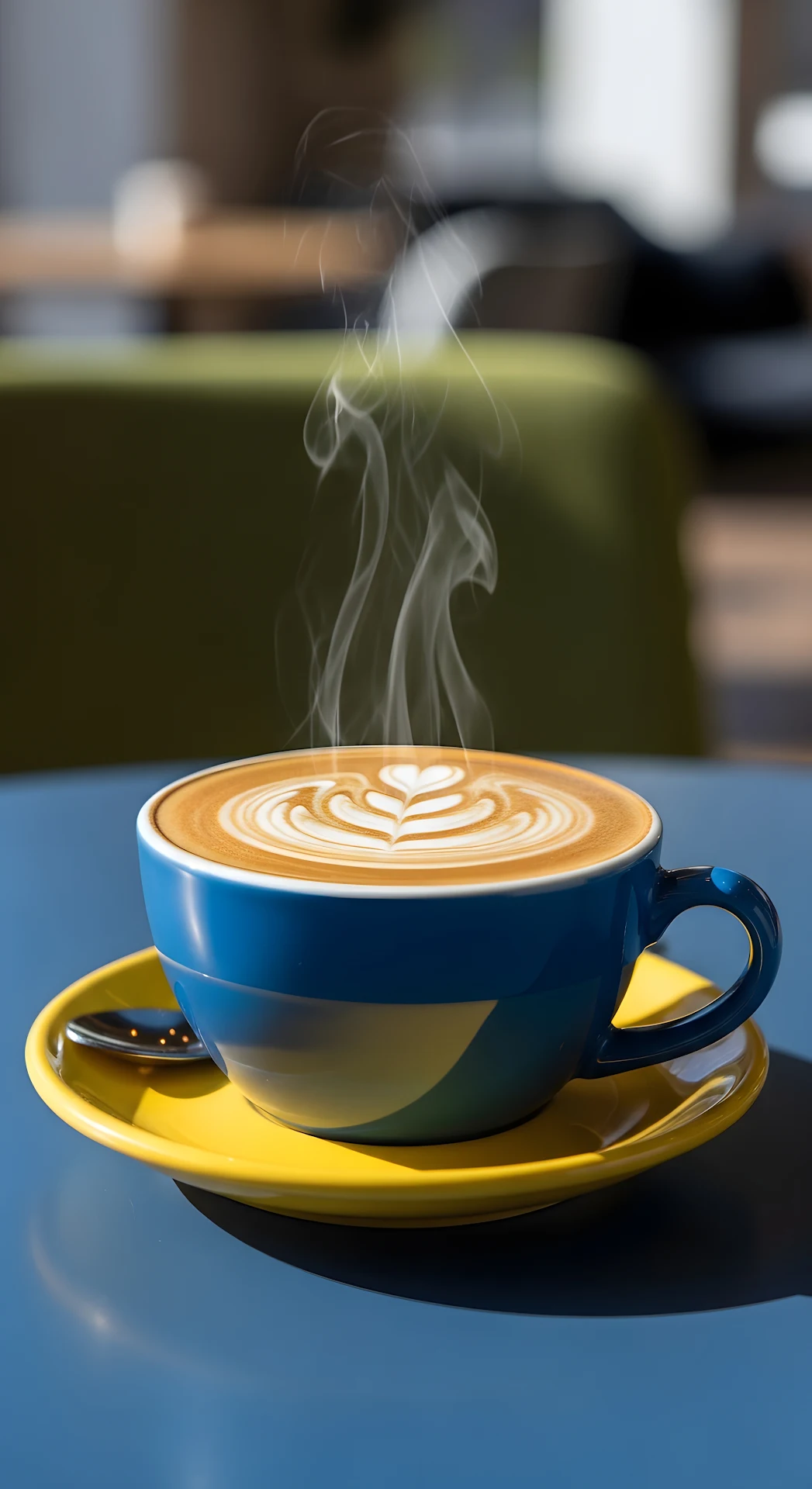 Close-up of Steaming Coffee Cup with Latte Art on Vibrant Yellow and Blue Table - Free 4K mobile Wallpaper