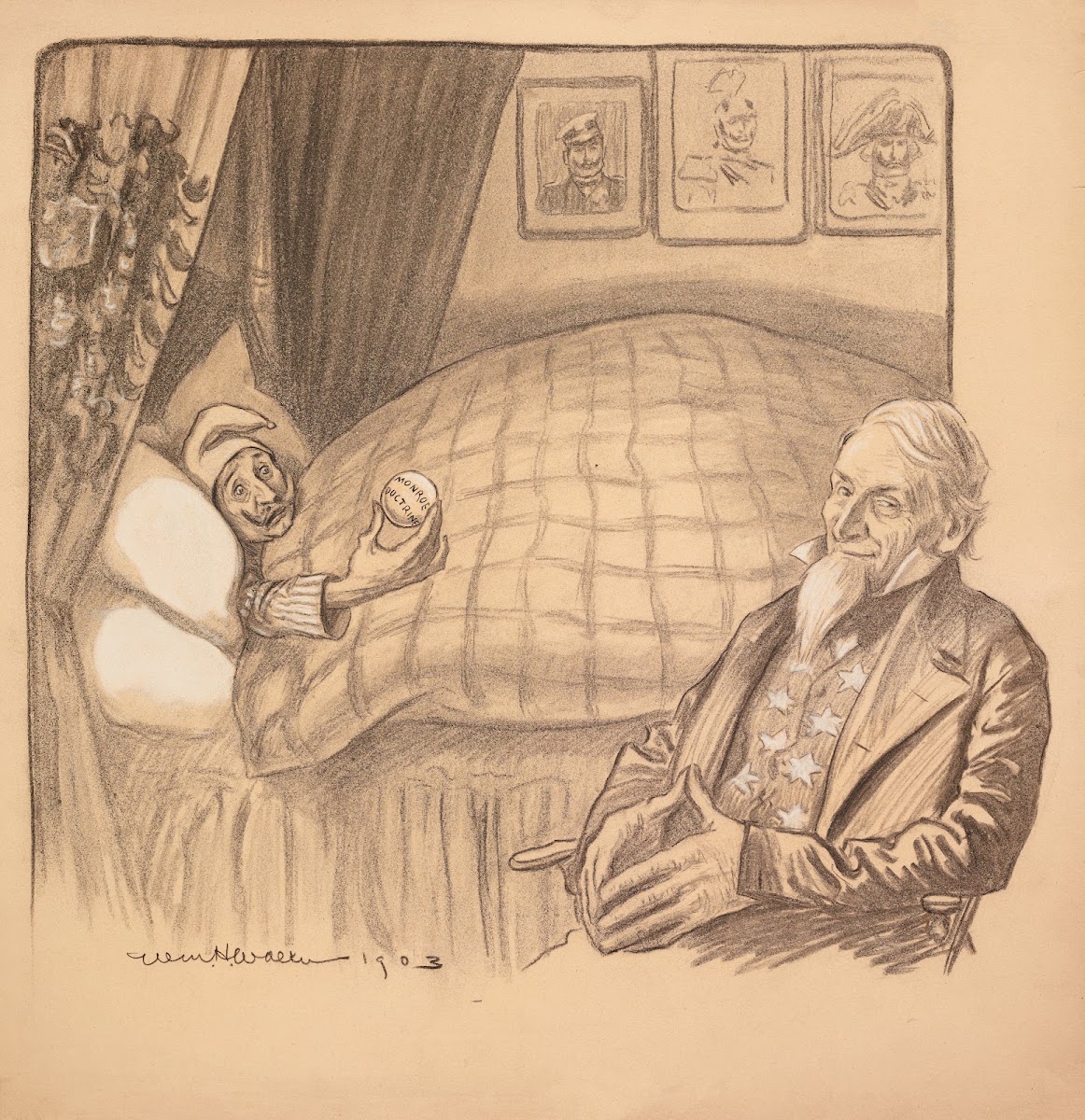 Uncle Sam sits smiling at the bedside of a sick man representing the Monroe Doct