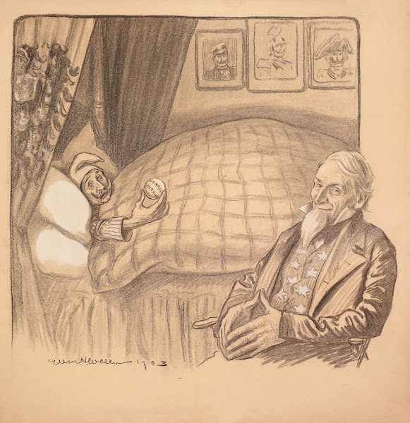 Uncle Sam sits smiling at the bedside of a sick man representing the Monroe Doct