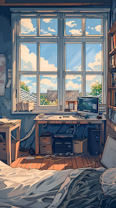 Cozy Lofi Study Room Interior with Large Window and Desk Setup
