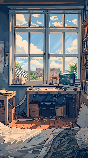 Cozy Lofi Study Room Interior with Large Window and Desk Setup - Free mobile Wallpaper